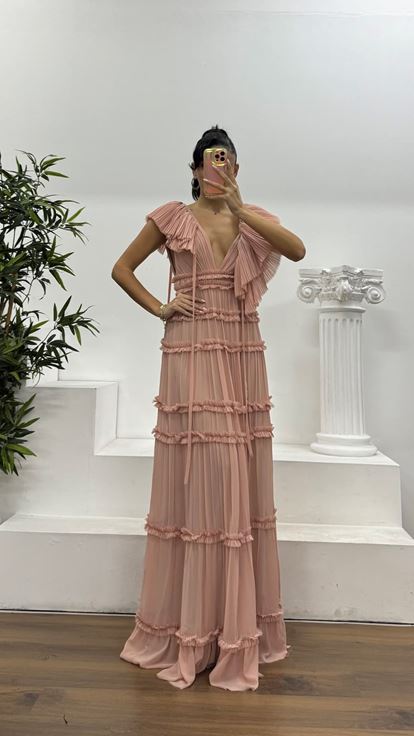 Powder Layered Ruffle Special Design Chiffon Evening Dress